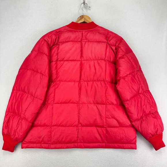 Vintage 70s Down Bomber Jacket Mens XL Red Quilted Snap Front Boxy Smokers Coat - Picture 3 of 8